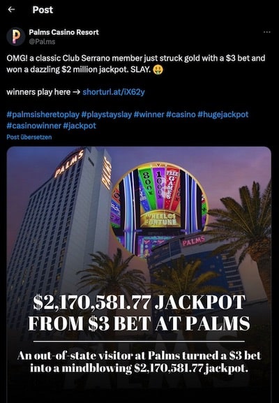 Palms Casino Las Vegas mit seiner Nachricht zum Millionen Gewinn auf X.com